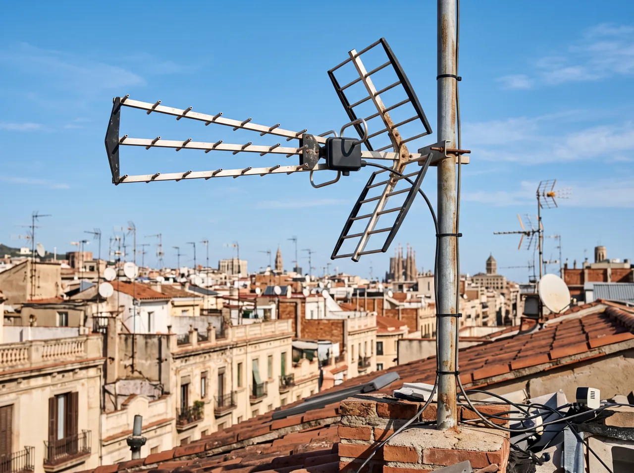 Instalación de una antena TDT en un tejado de Rubí