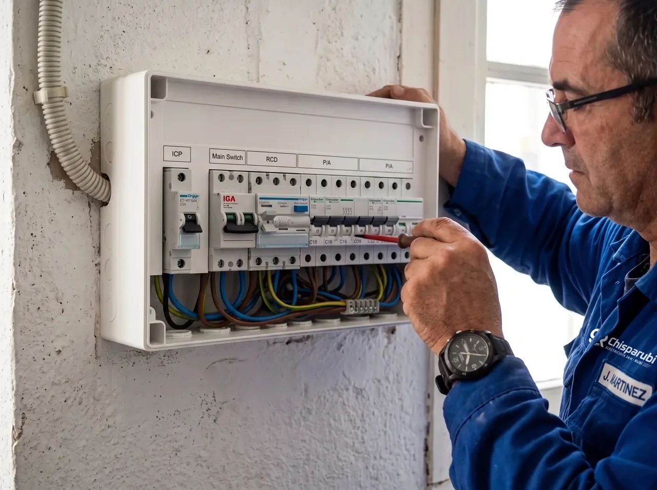 Electricista sustituyendo un magnetotérmico en un cuadro eléctrico en Rubí