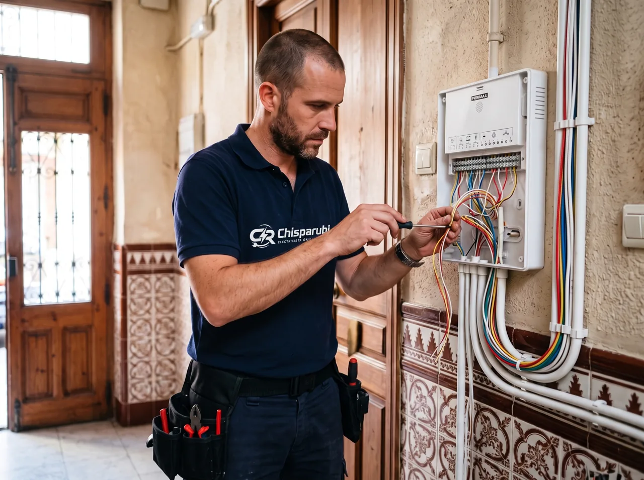 Revisión del cableado de la columna de un portero automático en Rubí
