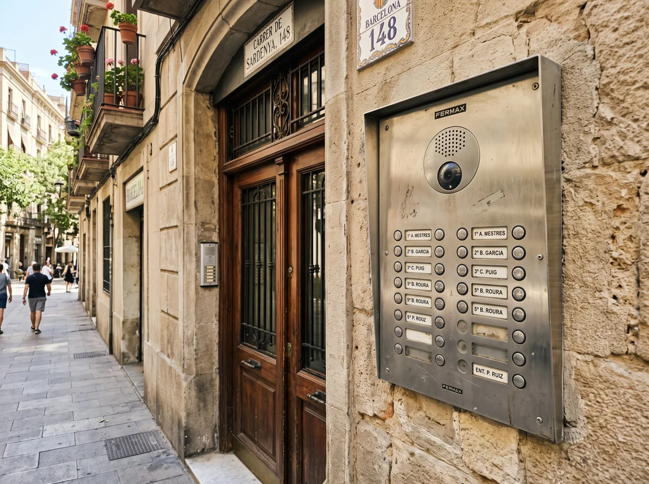 Instalación de una placa de calle con cámara en el portal de un edificio de Rubí